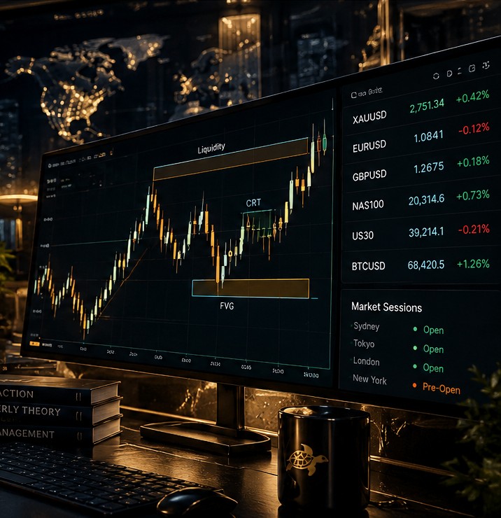 Cinematic trading desk with a widescreen candlestick chart and gold lighting