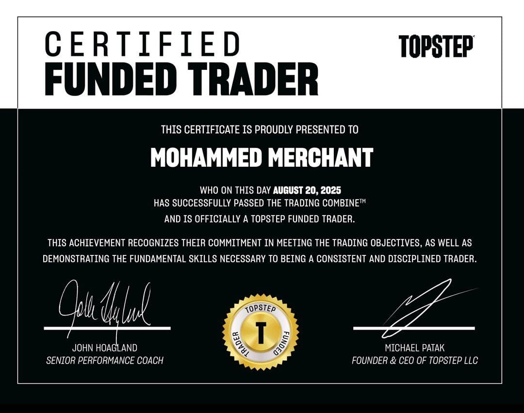 Funded-account achievement certificate issued to Muhammad Anas Merchant